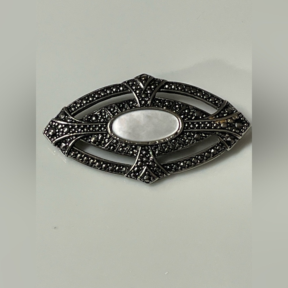 Vintage Ornate Bar Marcasite Mother of Pearl Brooch Pin